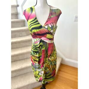 Joseph Ribkoff Pink & Green Peacock Feather Print Sheath Dress